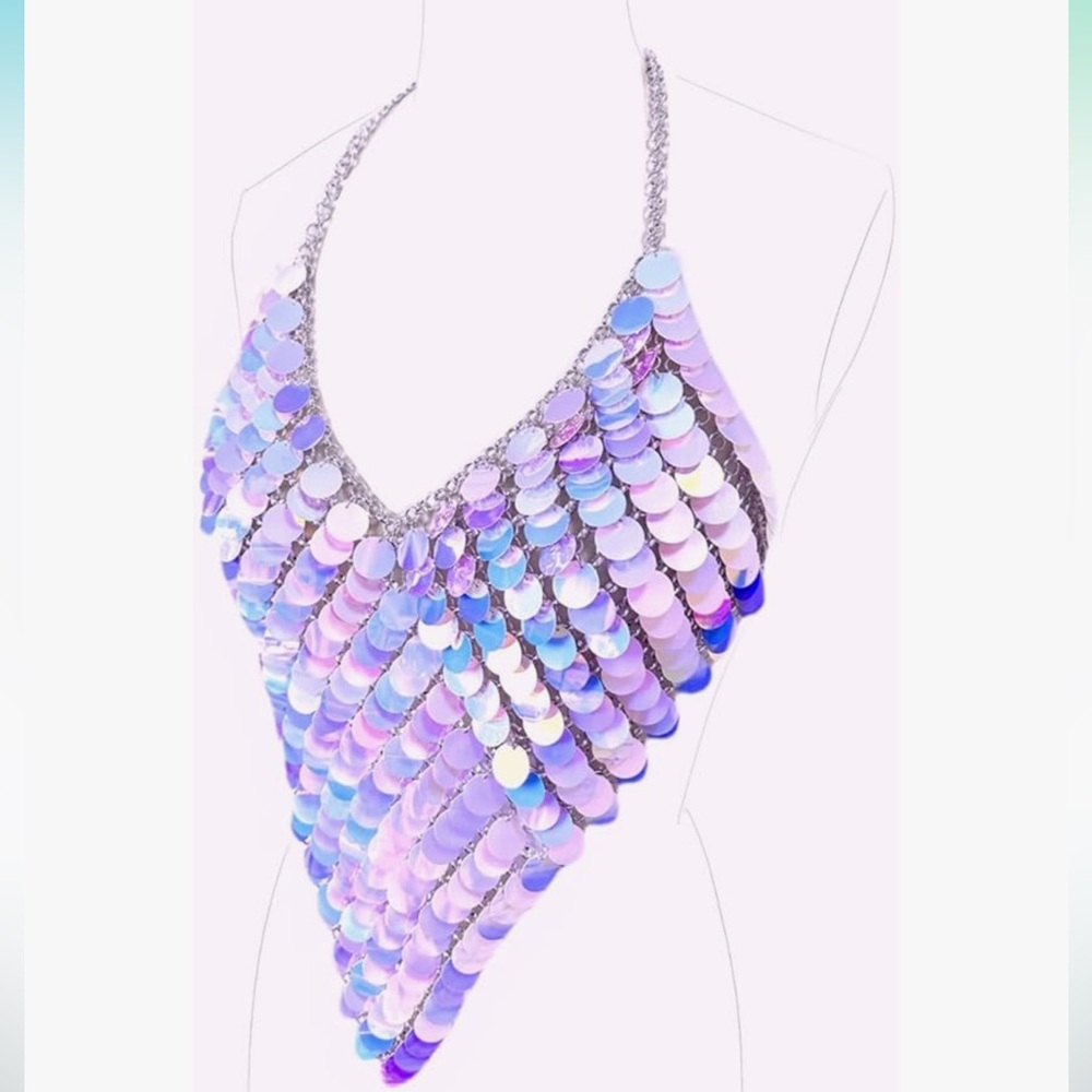 Metallic sequin mermaid unicorn sequin crop top rave festival bikini chain club